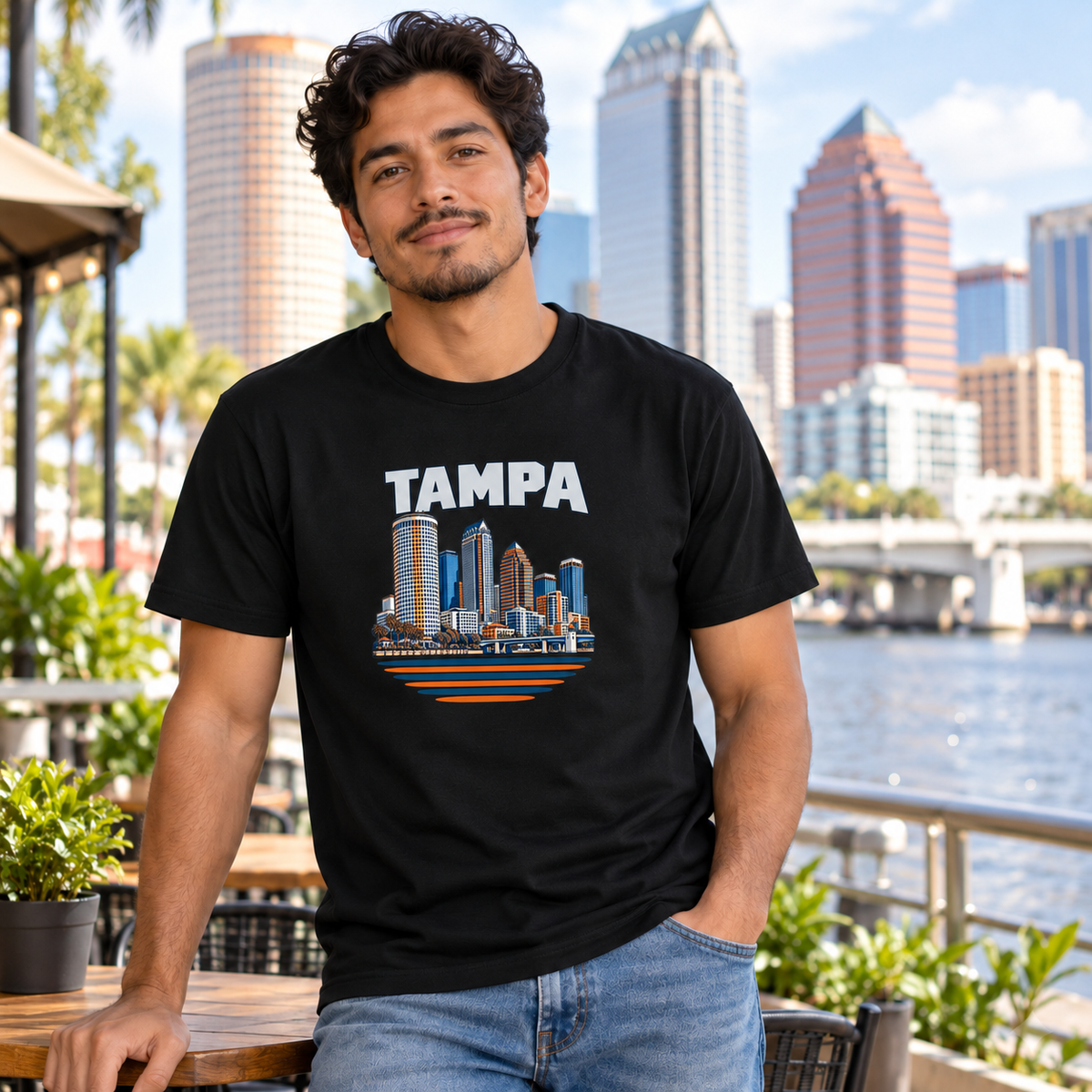 Lifestyle mockup of a black Tampa Skyline T-shirt with a modest centered chest graphic
