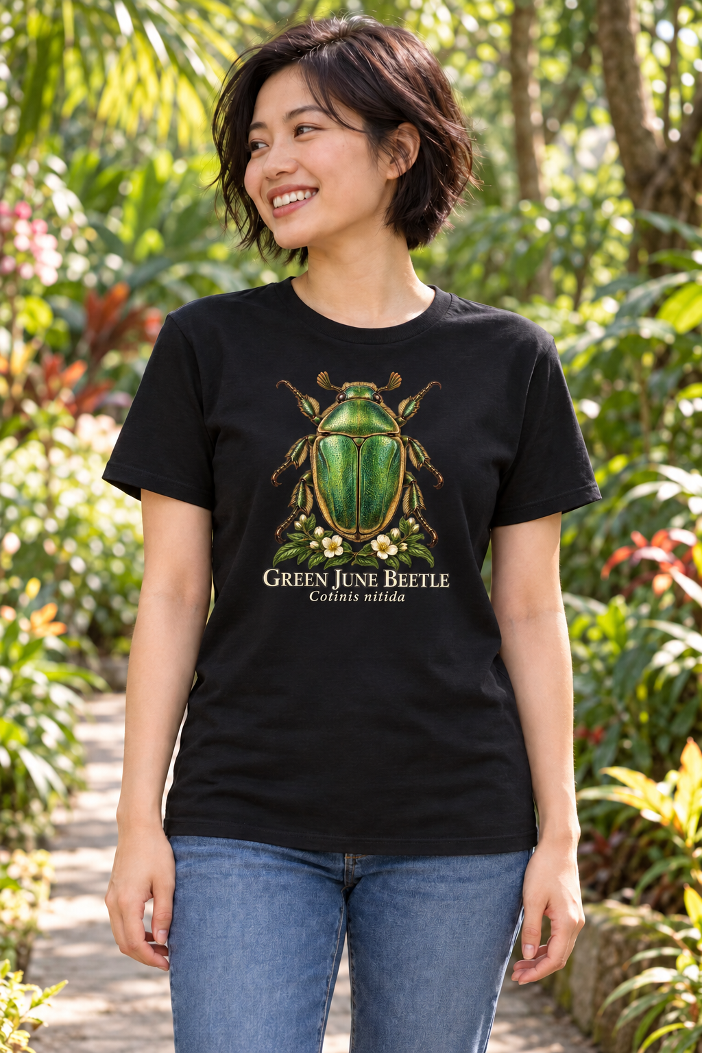 Lifestyle mockup of a black Green June Beetle T-shirt with a modest centered chest graphic