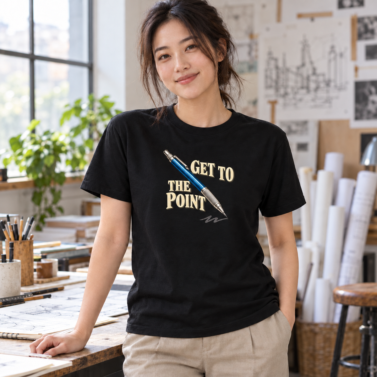 Lifestyle mockup of a black Get to the Point T-shirt with a modest centered chest graphic