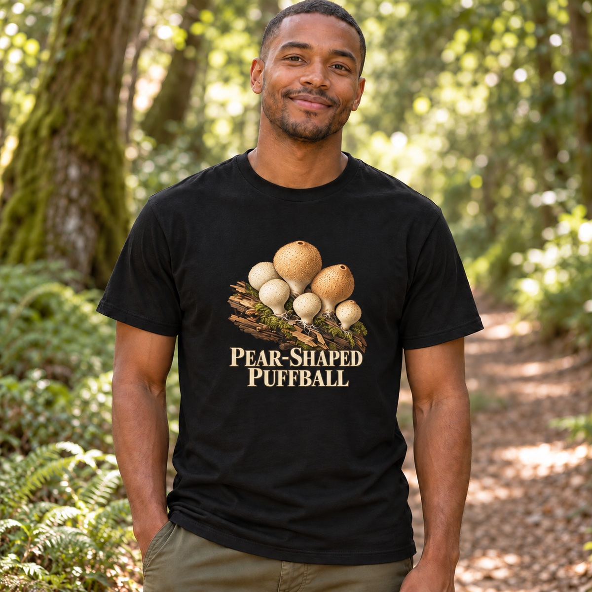 Lifestyle mockup of a black Pear-Shaped Puffball T-shirt with a modest centered chest graphic