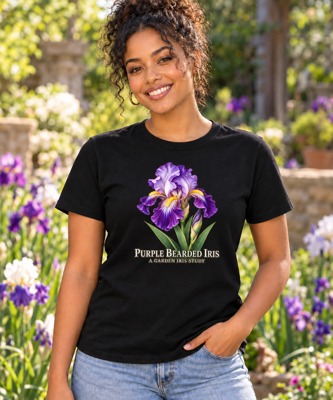 Lifestyle mockup of a black Purple Bearded Iris T-shirt with a modest centered chest graphic