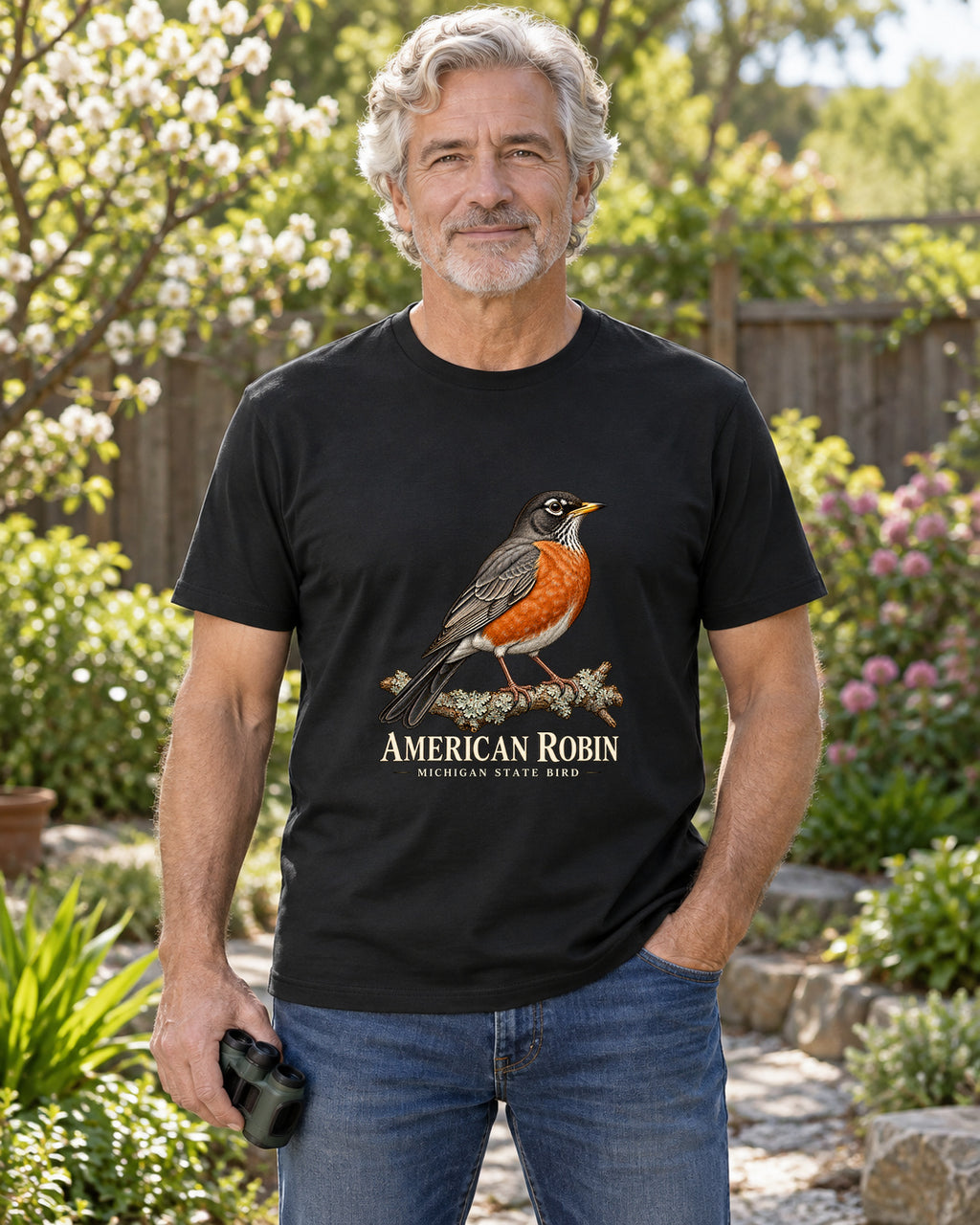 American Robin Michigan State Bird T-Shirt in black, shown in an illustrative lifestyle mockup.