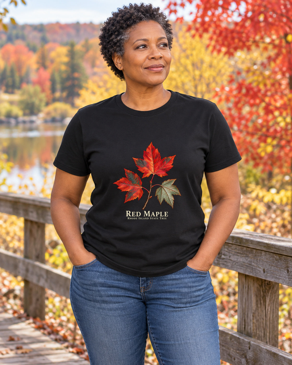 Red Maple Rhode Island State Tree T-Shirt in black, shown in an illustrative lifestyle mockup.