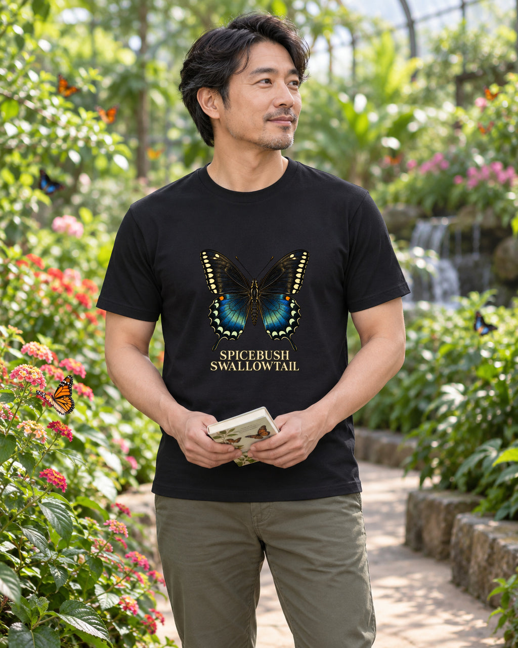 Spicebush Swallowtail Butterfly Study T-Shirt in black, shown in an illustrative lifestyle mockup.