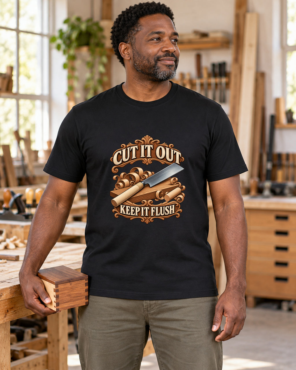 Cut It Out Keep It Flush Woodworking T-Shirt in black, shown in an illustrative lifestyle mockup.
