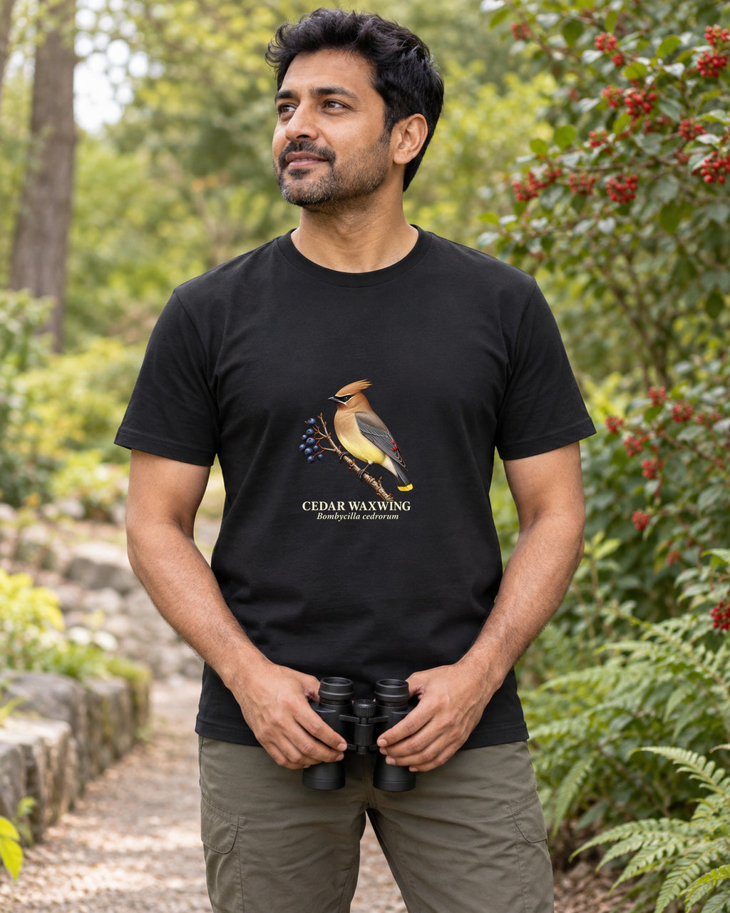Cedar Waxwing Birdwatching T-Shirt in black, shown in an illustrative lifestyle mockup.