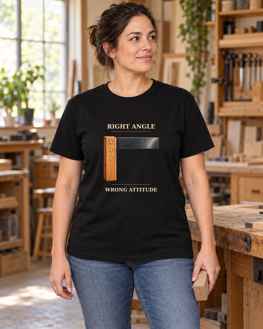 Right Angle Wrong Attitude Carpenter Square T-Shirt in black, shown in an illustrative lifestyle mockup.