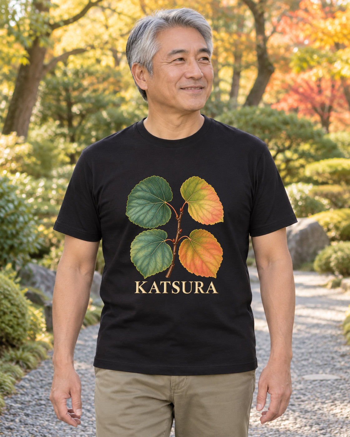 Katsura Botanical Leaf Study T-Shirt in black, shown in an illustrative lifestyle mockup.