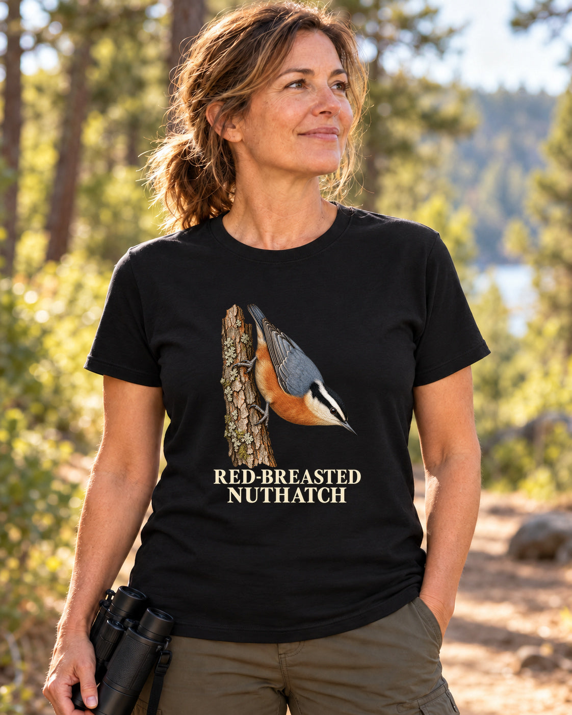 Red-Breasted Nuthatch Birdwatching T-Shirt in black, shown in an illustrative lifestyle mockup.