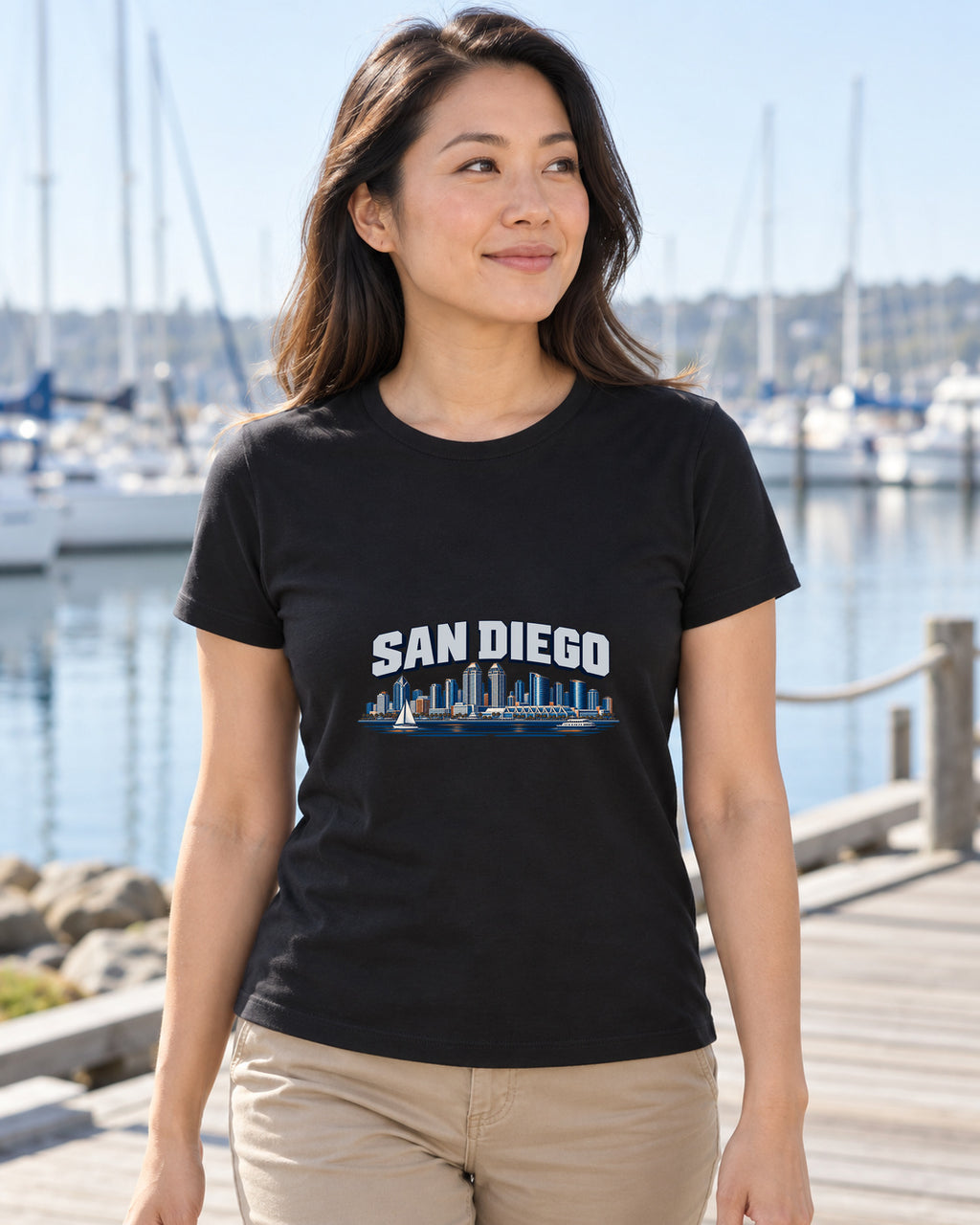 San Diego Waterfront Skyline T-Shirt in black, shown in an illustrative lifestyle mockup.