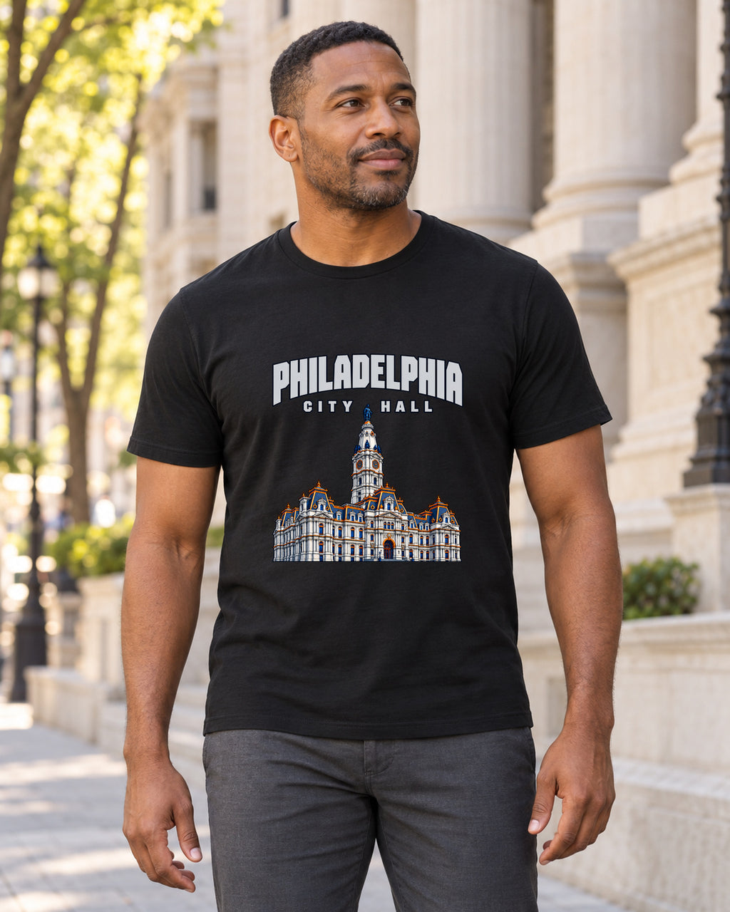 Philadelphia City Hall Architectural T-Shirt in black, shown in an illustrative lifestyle mockup.