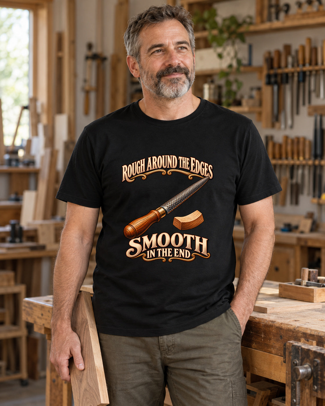 Rough Around the Edges Cabinet Rasp Woodworking T-Shirt in black, shown in an illustrative lifestyle mockup.