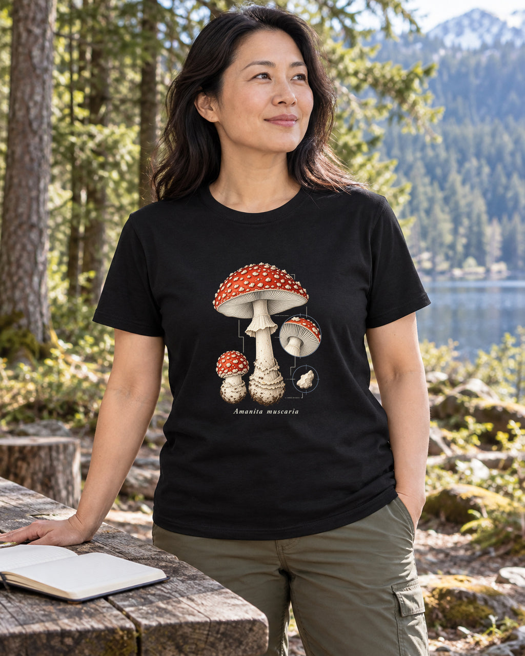 Amanita Muscaria Mushroom Study T-Shirt in black, shown in an illustrative lifestyle mockup.