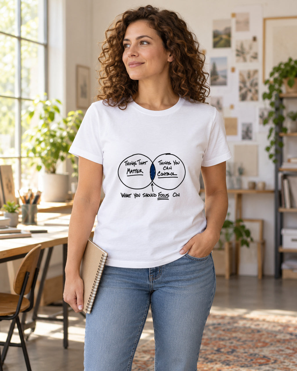 Focus on What Matters Venn Diagram T-Shirt in white, shown in an illustrative lifestyle mockup.