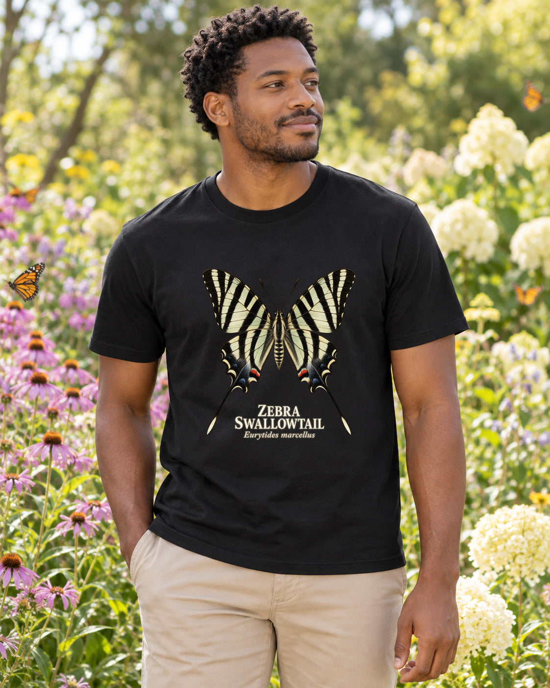 Zebra Swallowtail Butterfly Study T-Shirt in black, shown in an illustrative lifestyle mockup.