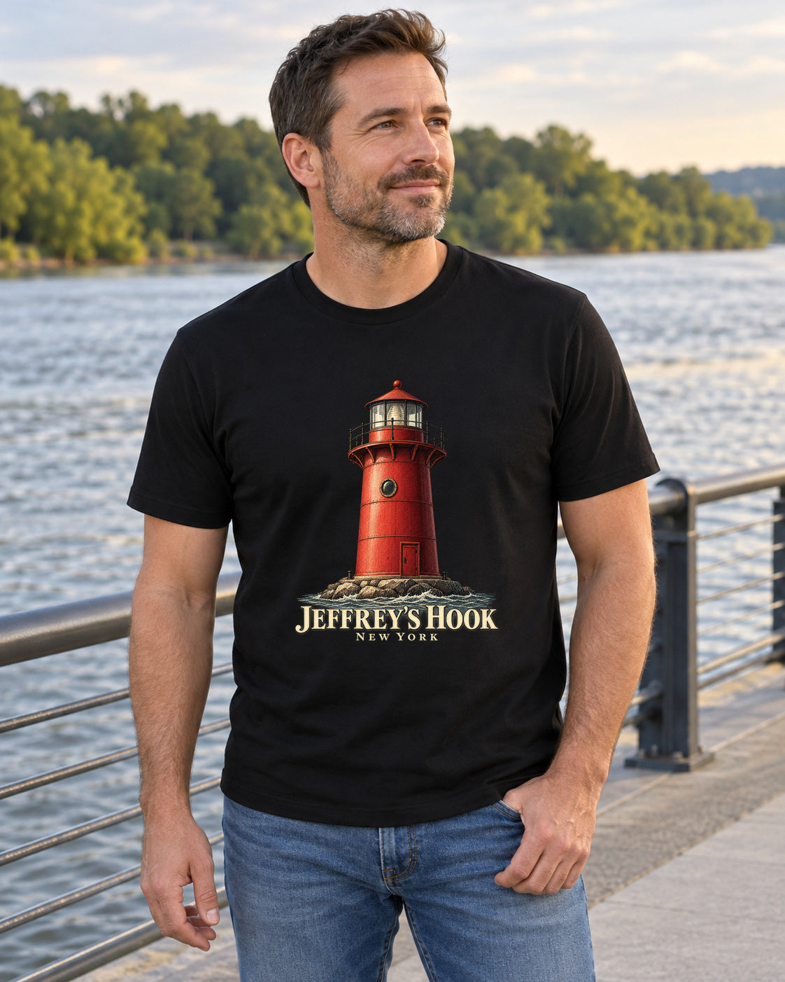 Jeffrey's Hook Lighthouse New York T-Shirt in black, shown in an illustrative lifestyle mockup.