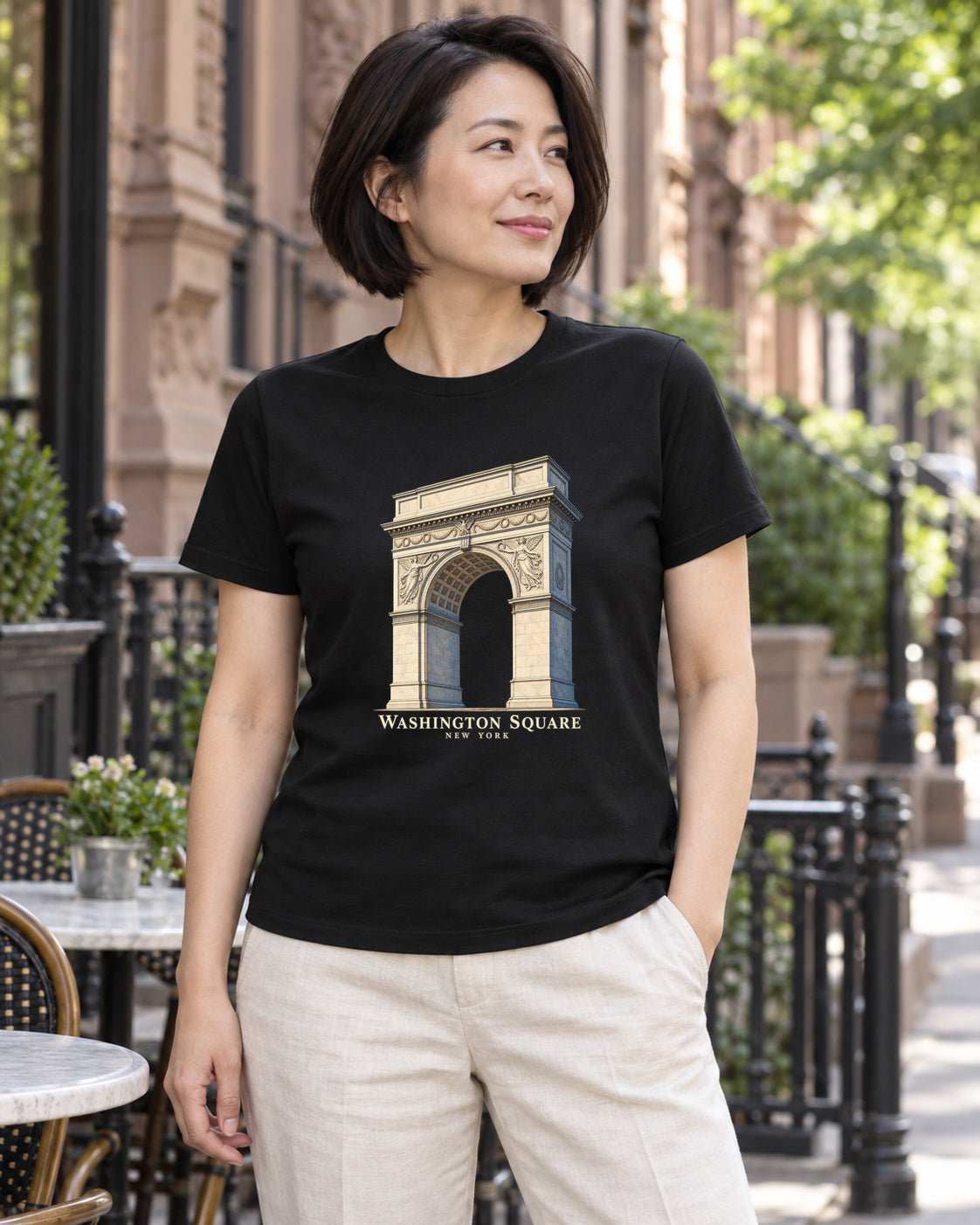 Washington Square Arch New York Architectural T-Shirt in black, shown in an illustrative lifestyle mockup.