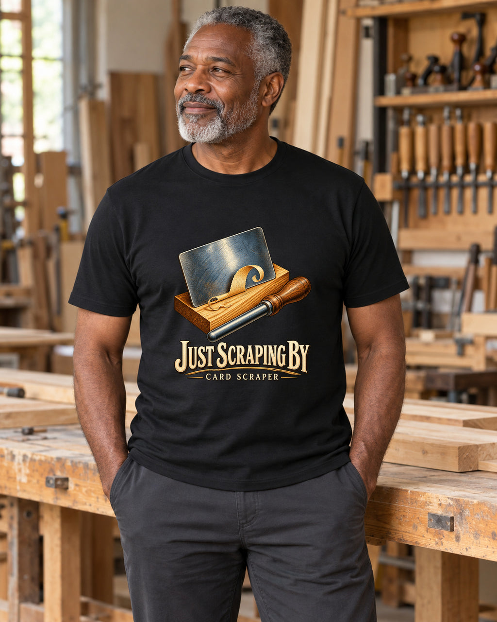 Just Scraping By Card Scraper Woodworking T-Shirt in black, shown in an illustrative lifestyle mockup.