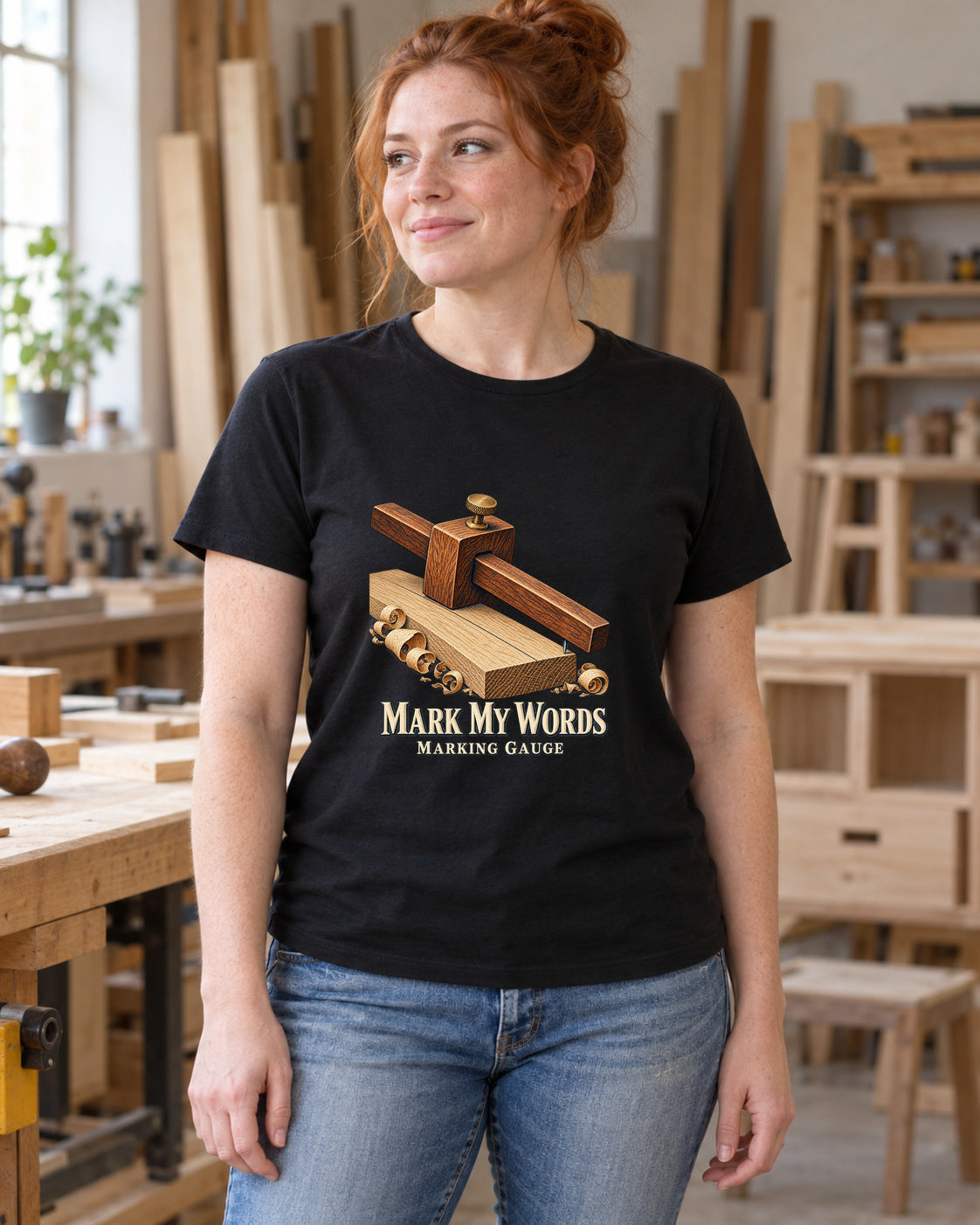 Mark My Words Marking Gauge Woodworking T-Shirt in black, shown in an illustrative lifestyle mockup.