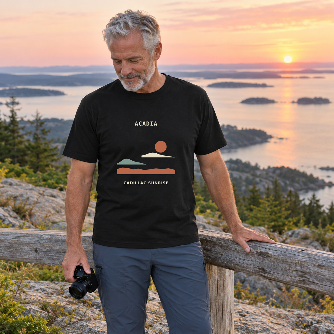 Illustrative lifestyle mockup of the Acadia Cadillac Sunrise shirt at a coastal overlook.