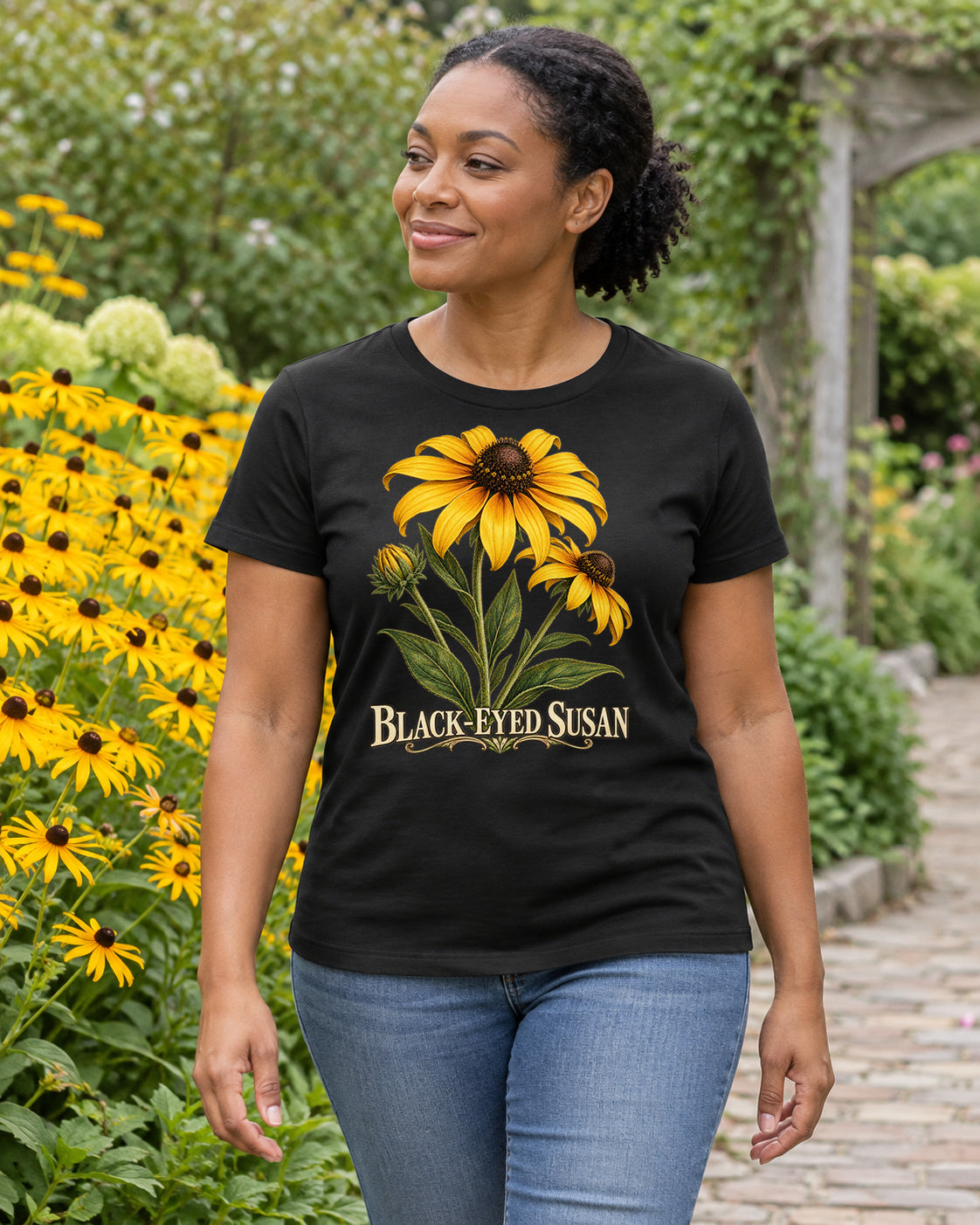 Illustrative lifestyle mockup of the black eyed susan graphic T-shirt.