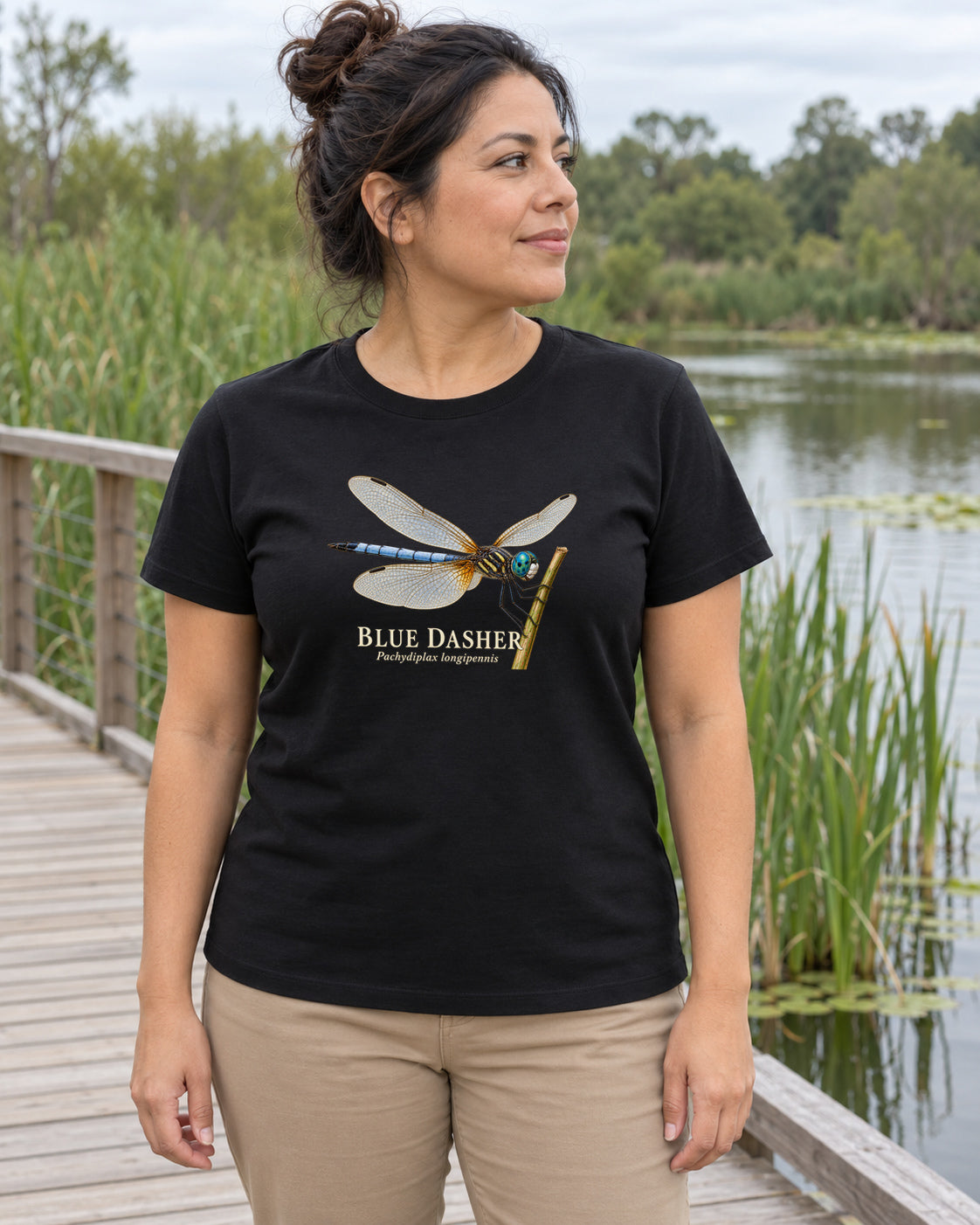 Illustrative lifestyle mockup of the blue dasher graphic T-shirt.