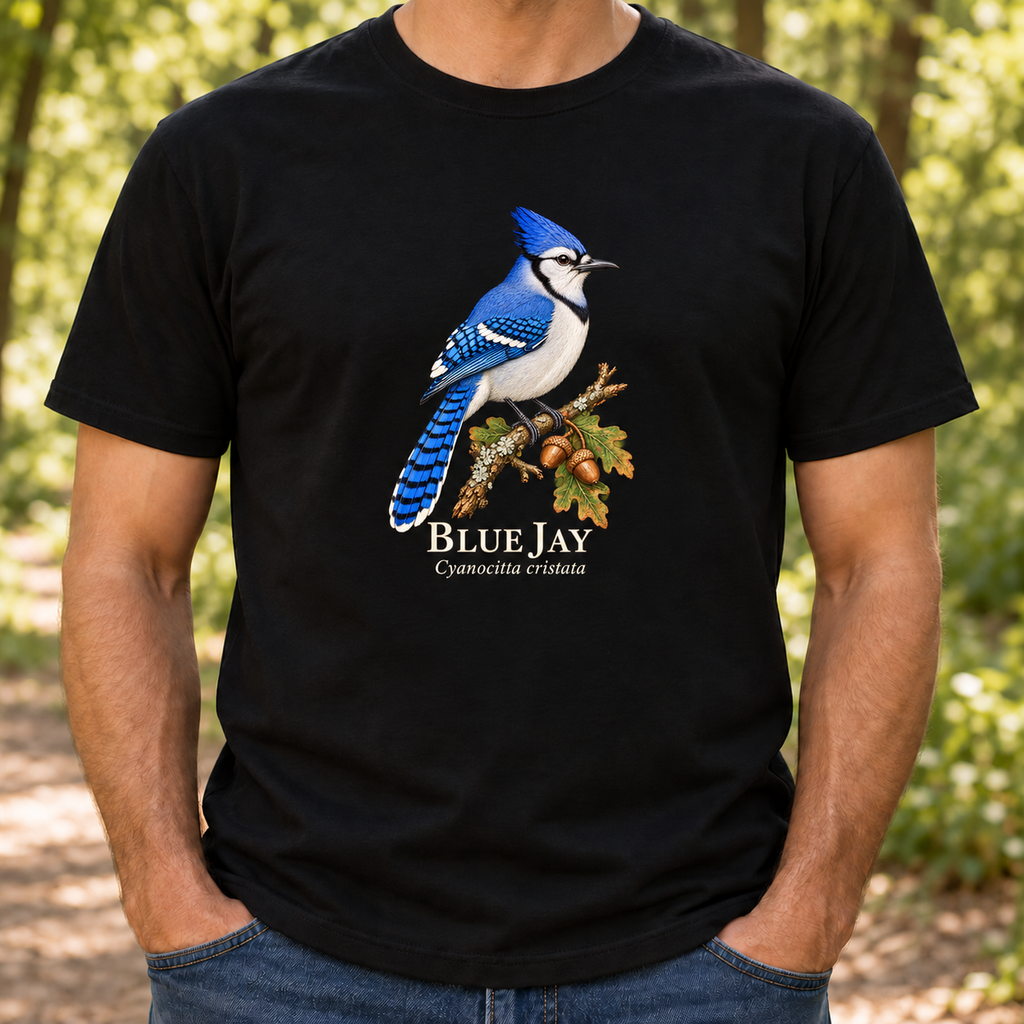 Lifestyle mockup of black Blue Jay T-shirt with modest centered chest print