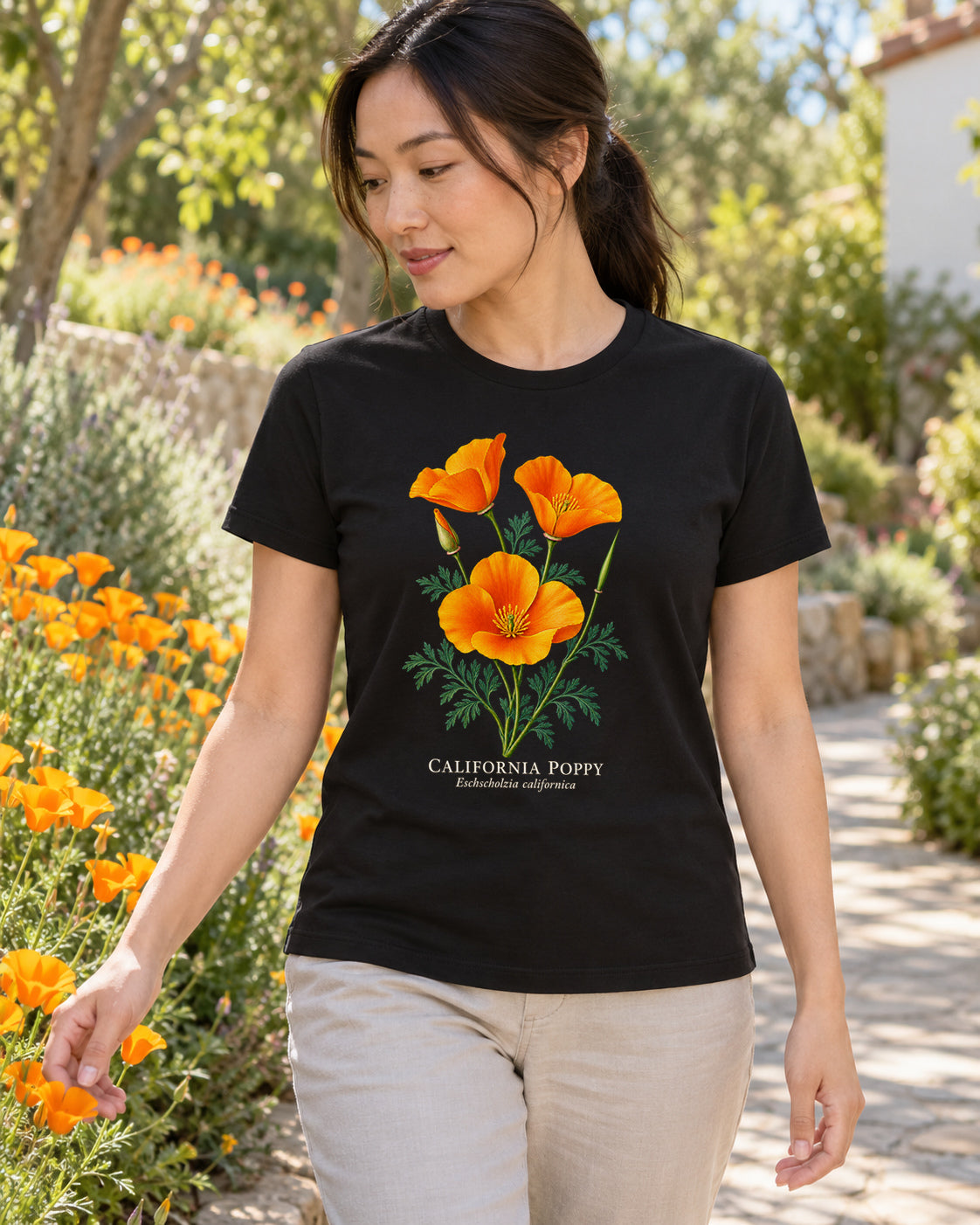 Illustrative lifestyle mockup of the california poppy graphic T-shirt.