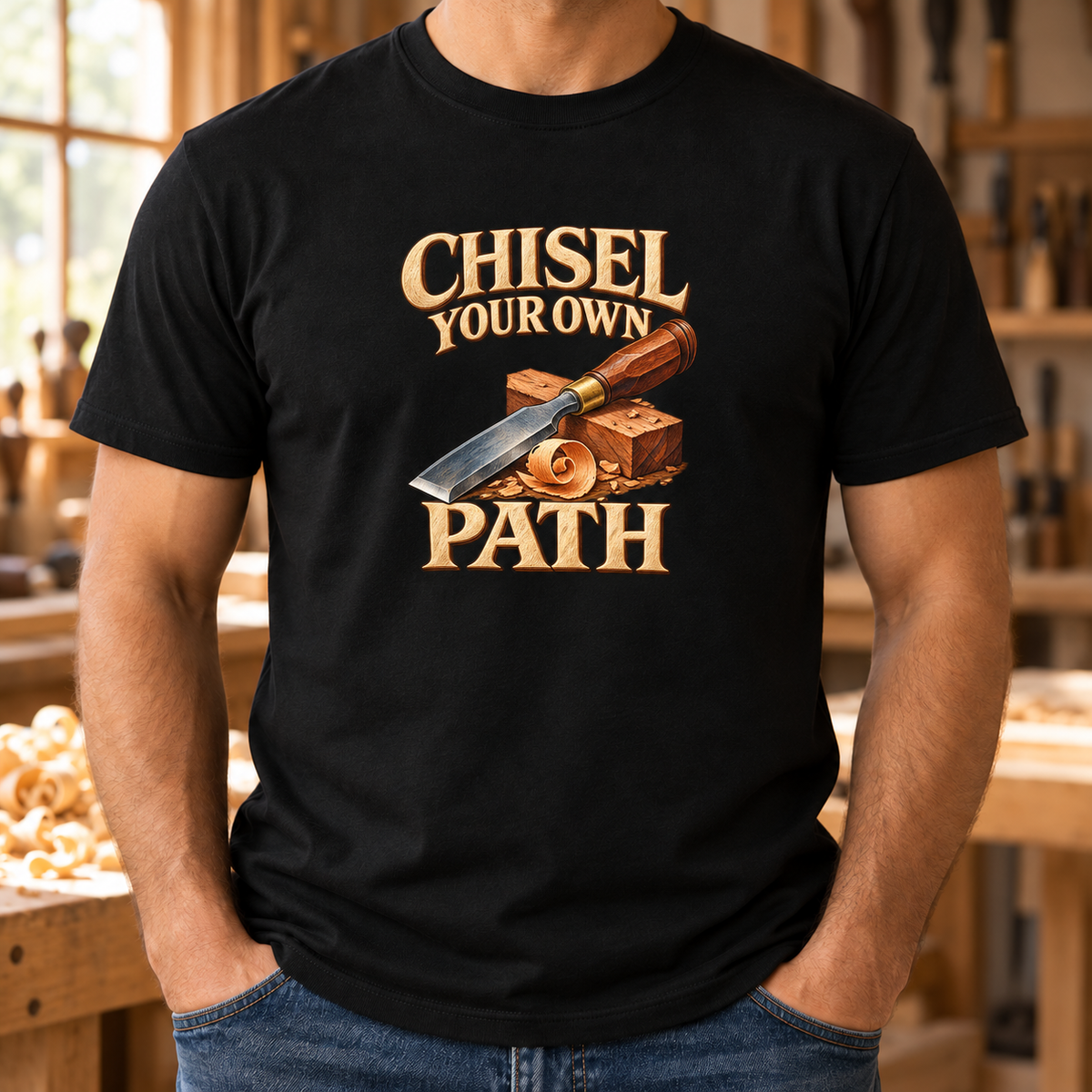 Lifestyle mockup of black Chisel Your Own Path T-shirt with modest centered chest print