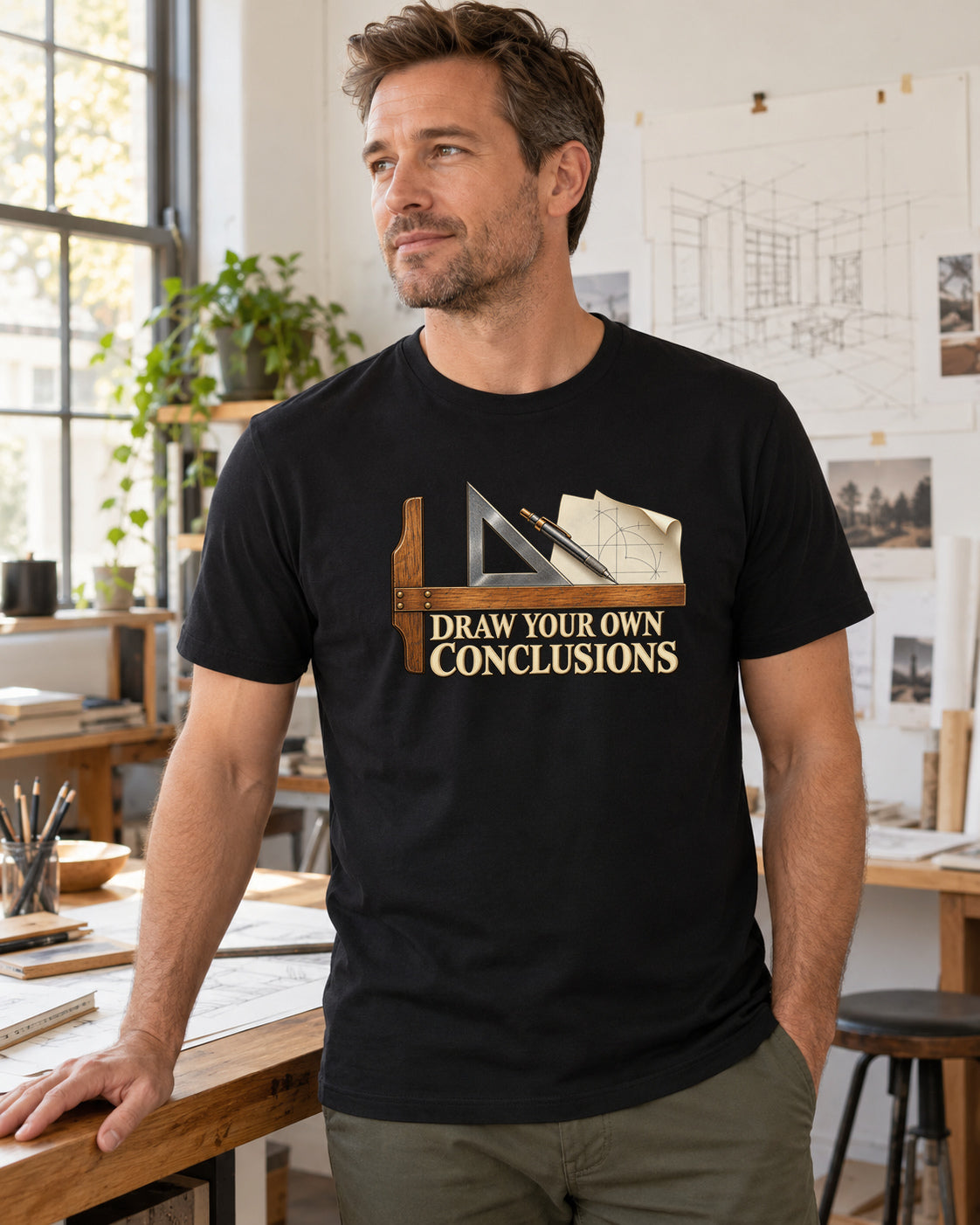 Illustrative lifestyle mockup of the draw your own conclusions graphic T-shirt.