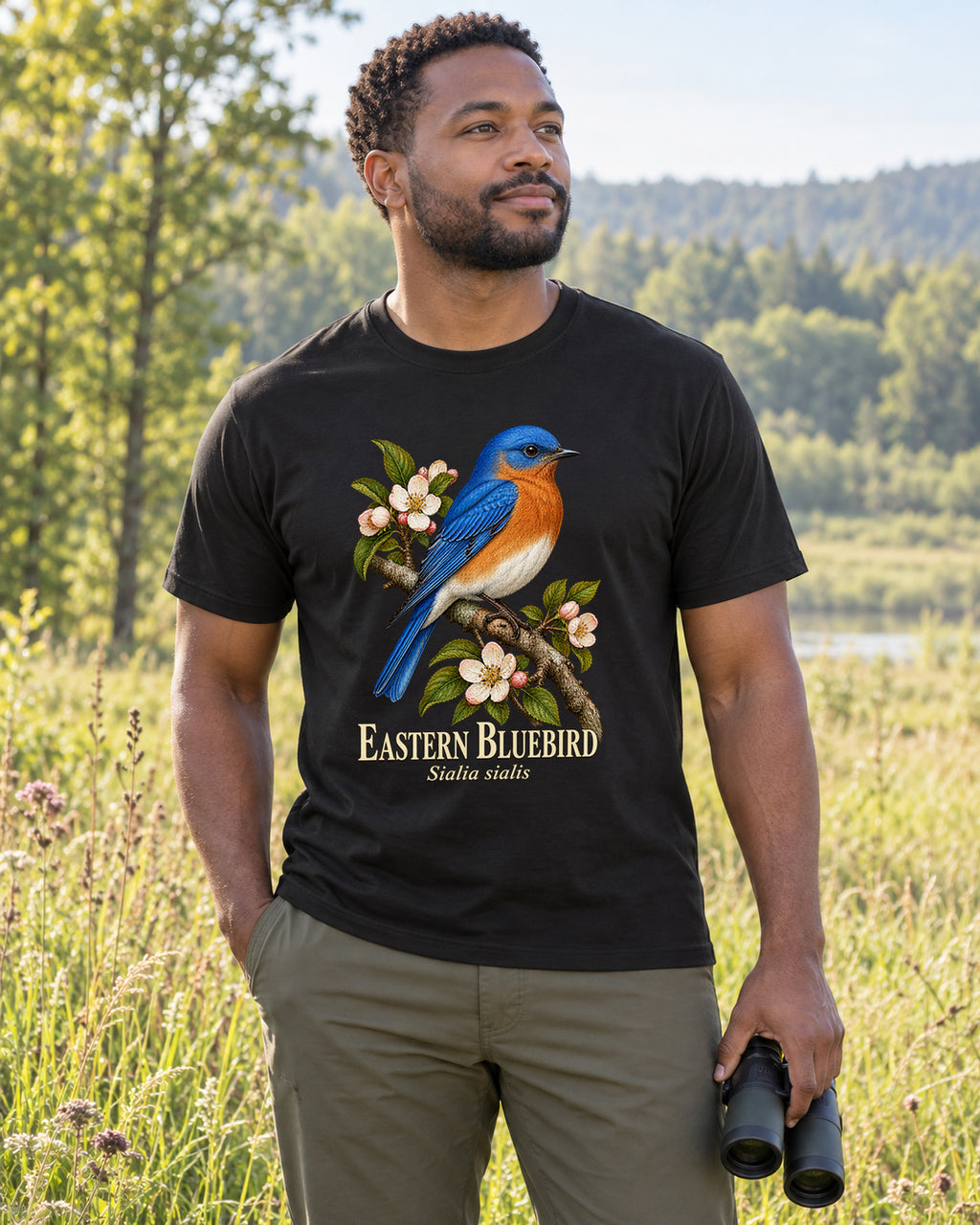 Illustrative lifestyle mockup of the eastern bluebird graphic T-shirt.