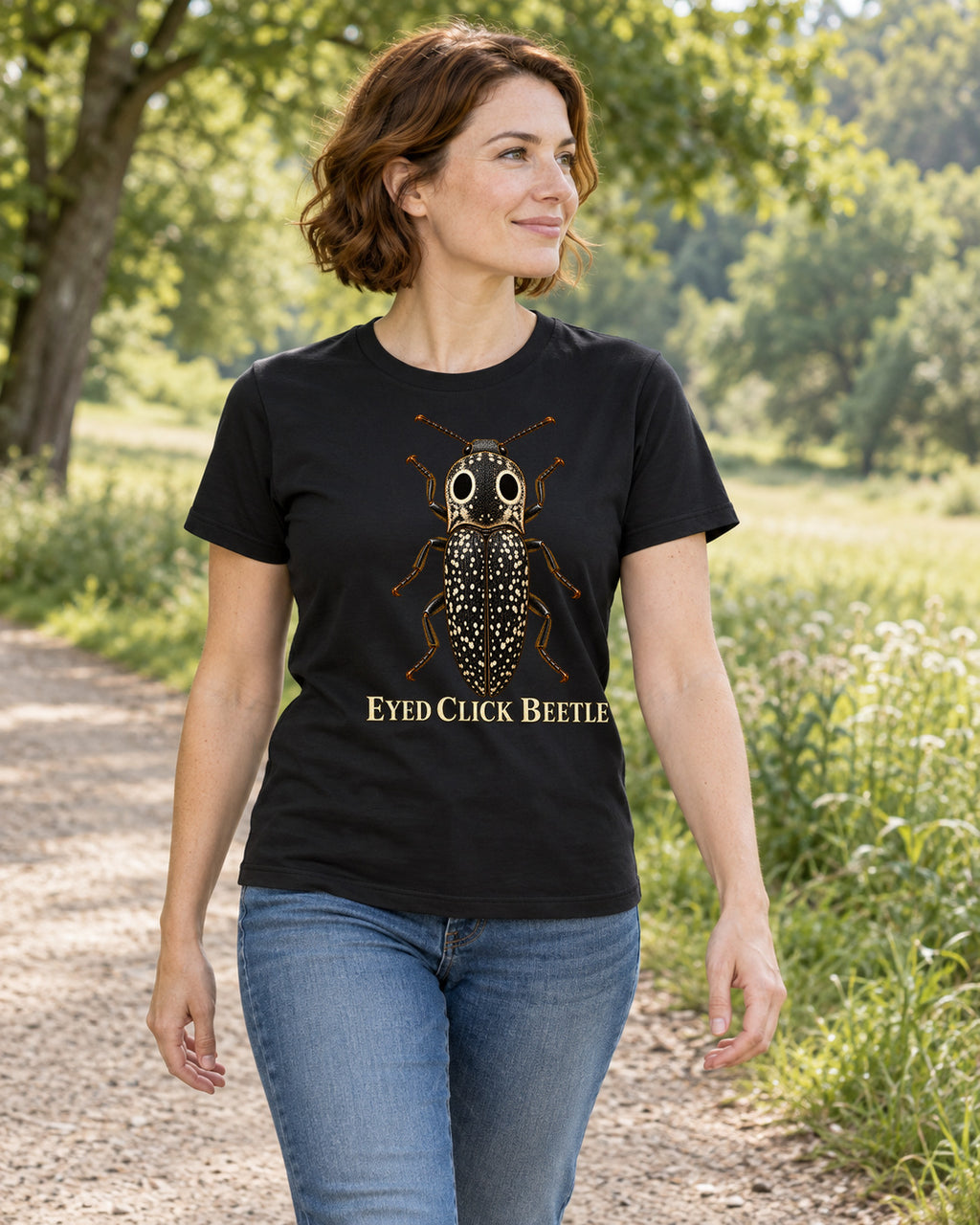 Illustrative lifestyle mockup of the eyed click beetle graphic T-shirt.