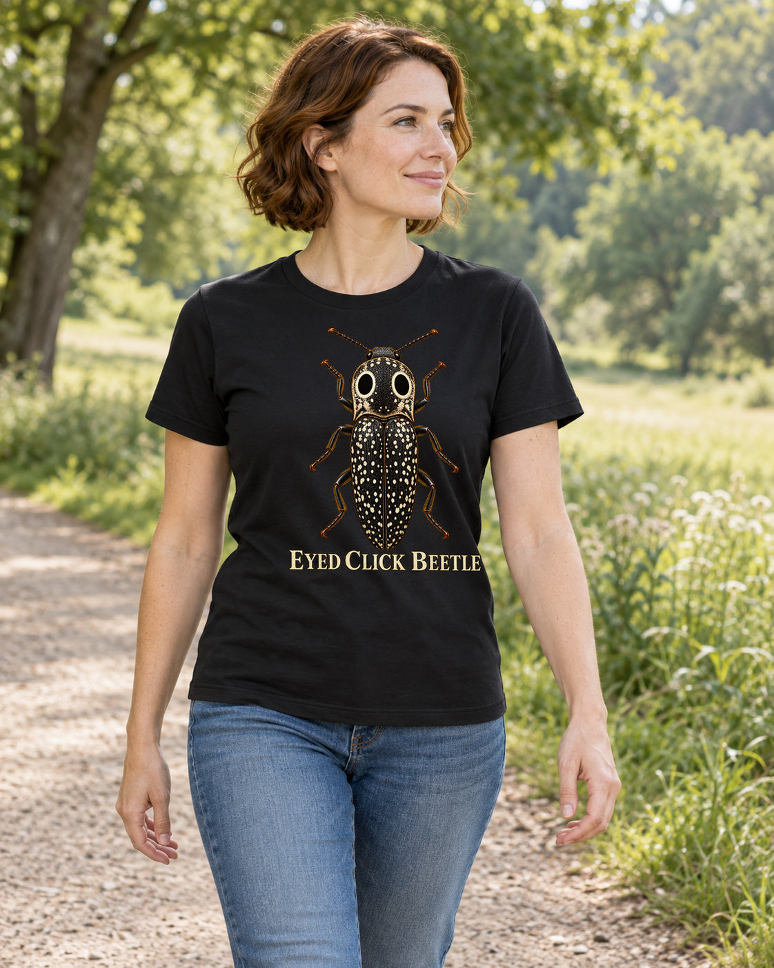 Illustrative lifestyle mockup of the eyed click beetle graphic T-shirt.