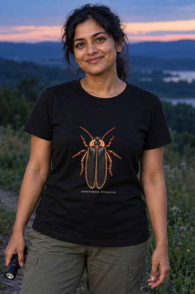 Illustrative lifestyle scene of the Big Dipper Firefly Natural History T-Shirt outdoors at dusk.