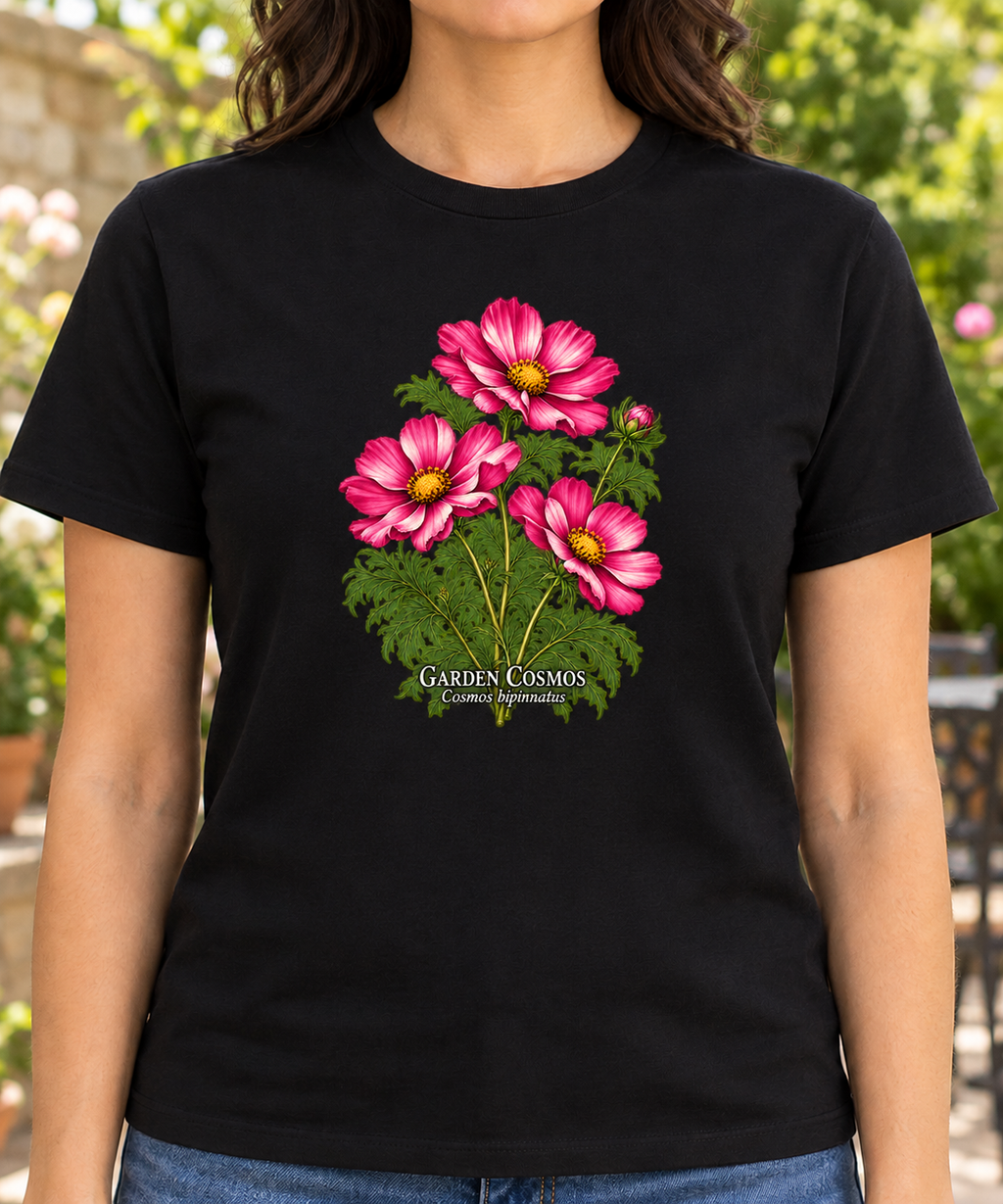 Lifestyle mockup of black Garden Cosmos botanical T-shirt with modest centered chest print
