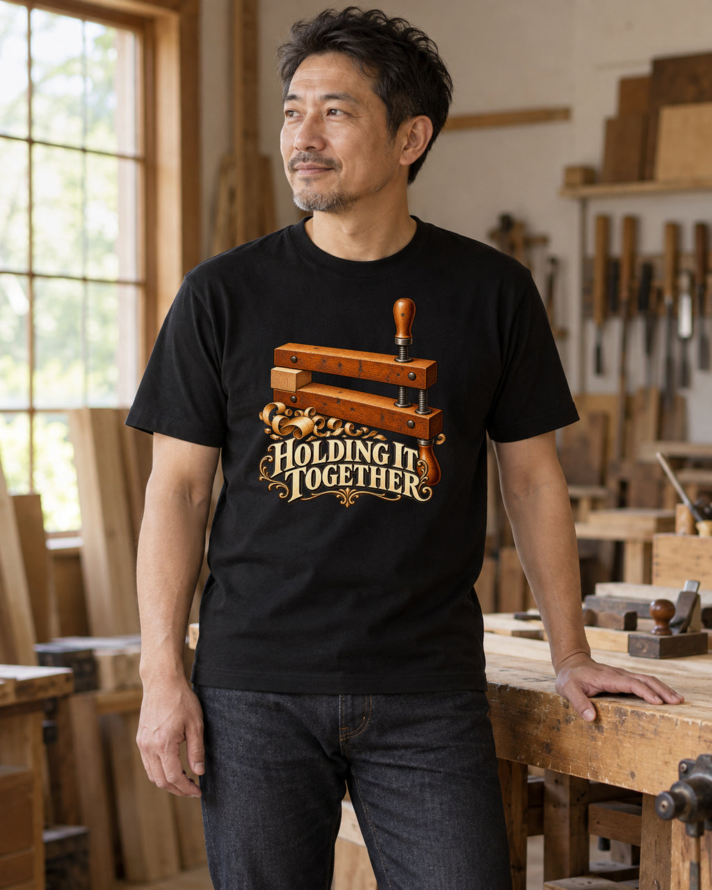 Illustrative lifestyle mockup of the holding it together graphic T-shirt.
