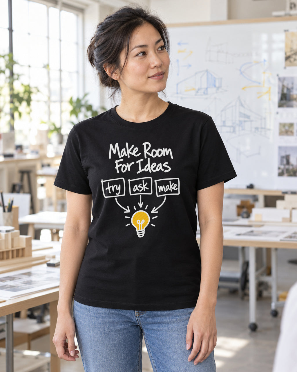 Illustrative lifestyle mockup of the make room for ideas graphic T-shirt.