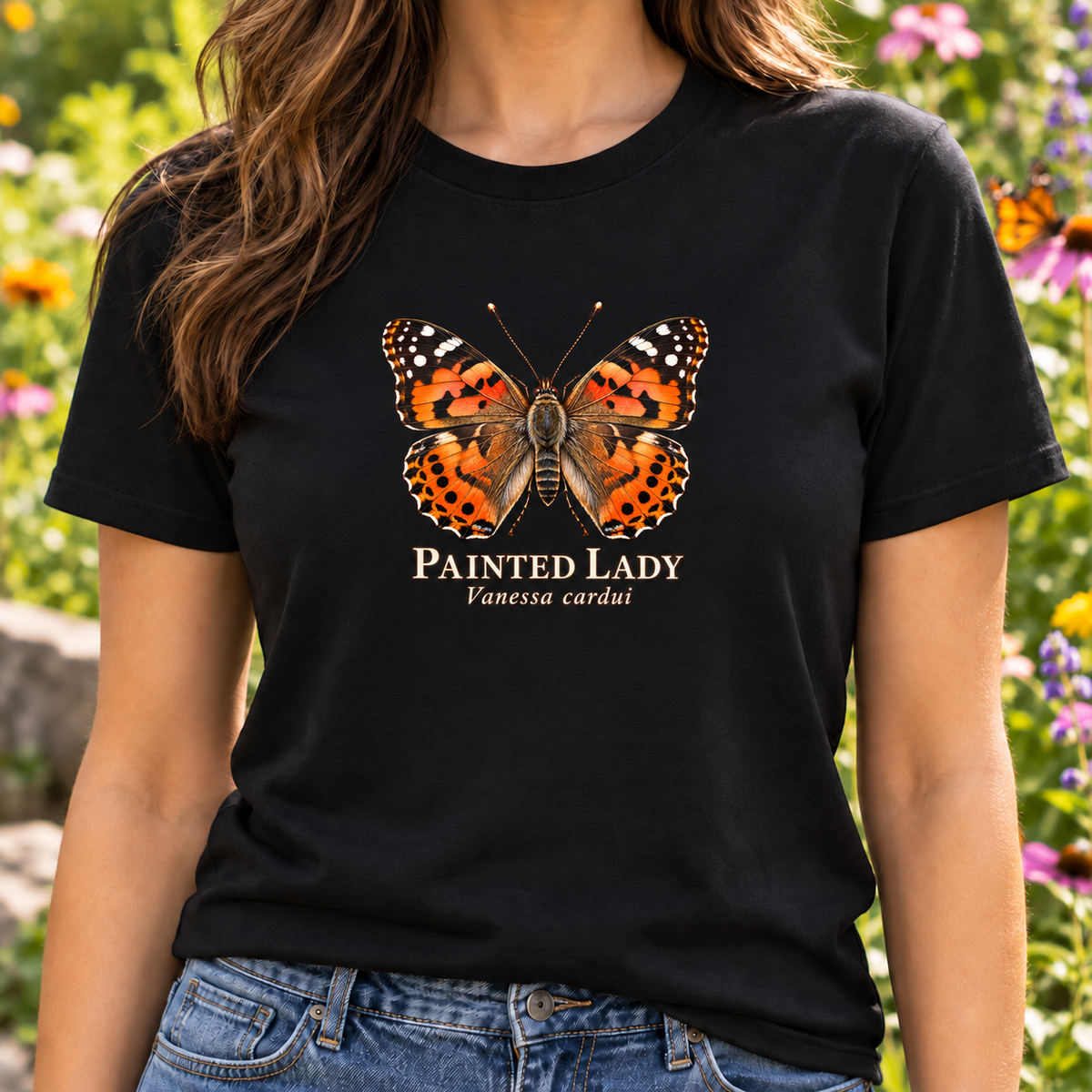 Lifestyle mockup of black Painted Lady T-shirt with modest centered chest print
