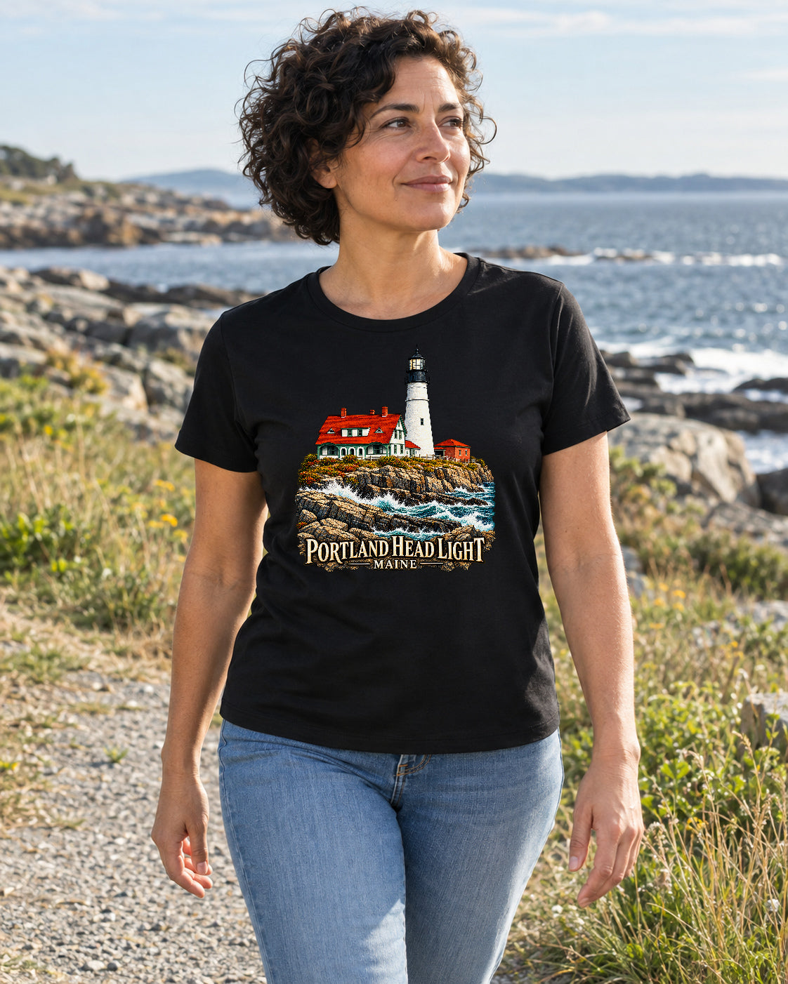 Lifestyle mockup of a black Portland Head Light lighthouse T-shirt worn on a coastal path.