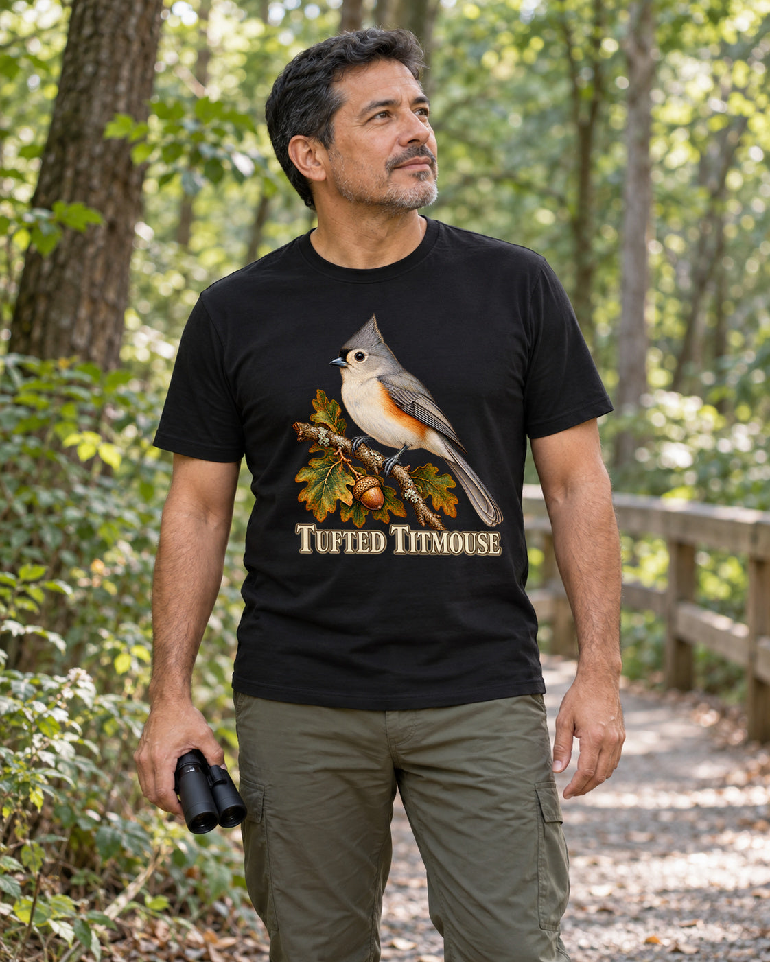 Illustrative lifestyle mockup of the tufted titmouse graphic T-shirt.