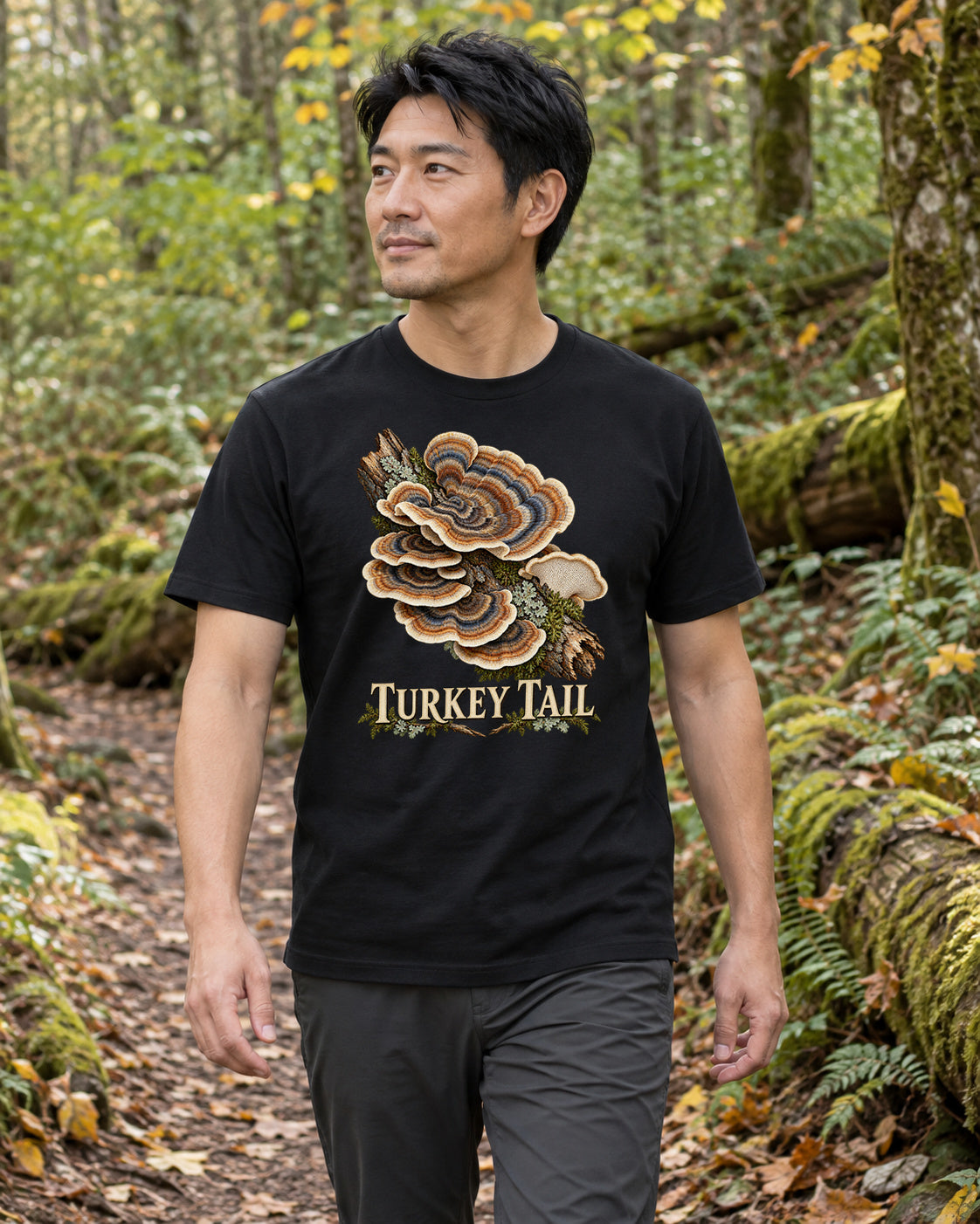 Illustrative lifestyle mockup of the turkey tail graphic T-shirt.