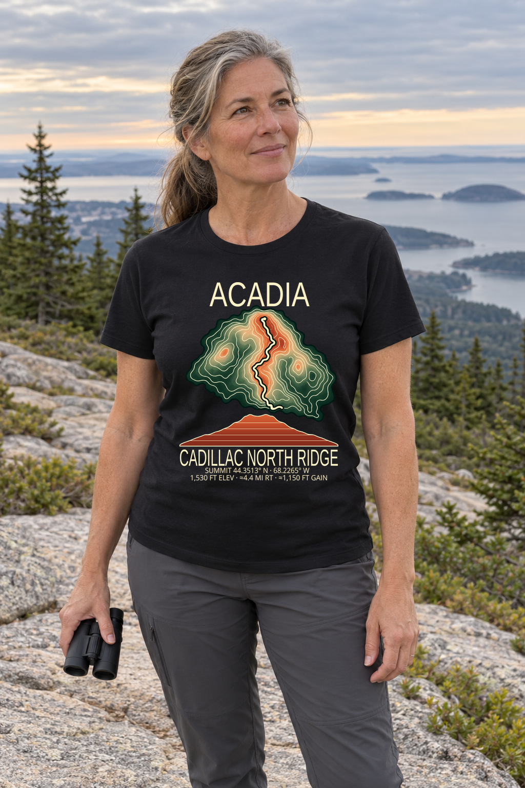 Illustrative lifestyle mockup of the Cadillac North Ridge Hiking T-Shirt | Acadia on a black shirt in a generated outdoor scene.