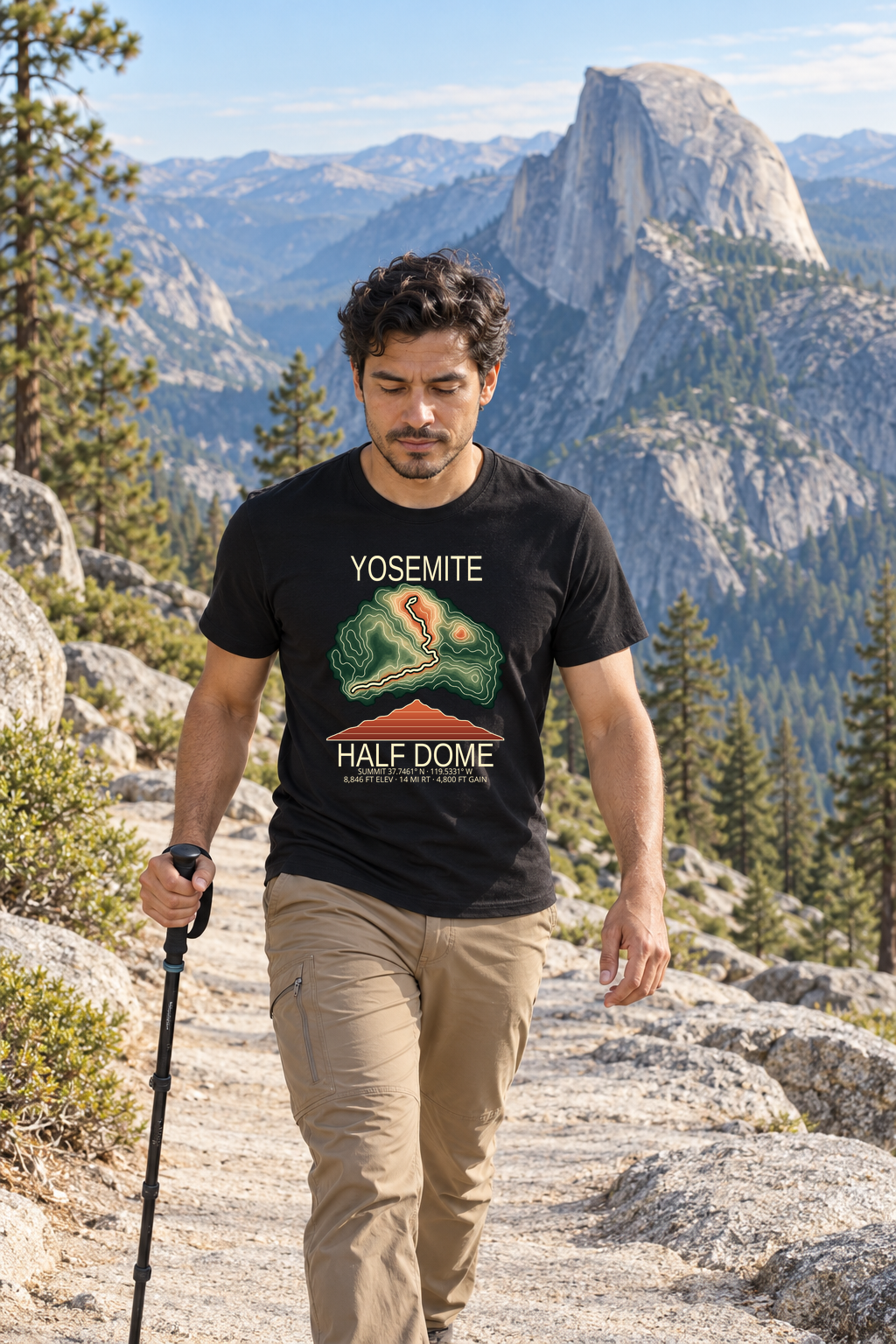 Illustrative lifestyle mockup of the Half Dome Hiking T-Shirt | Yosemite National Park on a black shirt in a generated scene.