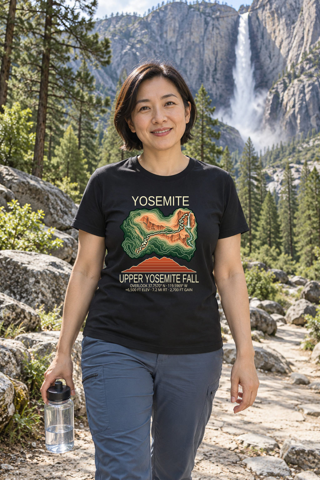 Illustrative lifestyle mockup of Upper Yosemite Fall Hiking T-Shirt | Yosemite on a black shirt in a generated outdoor scene.