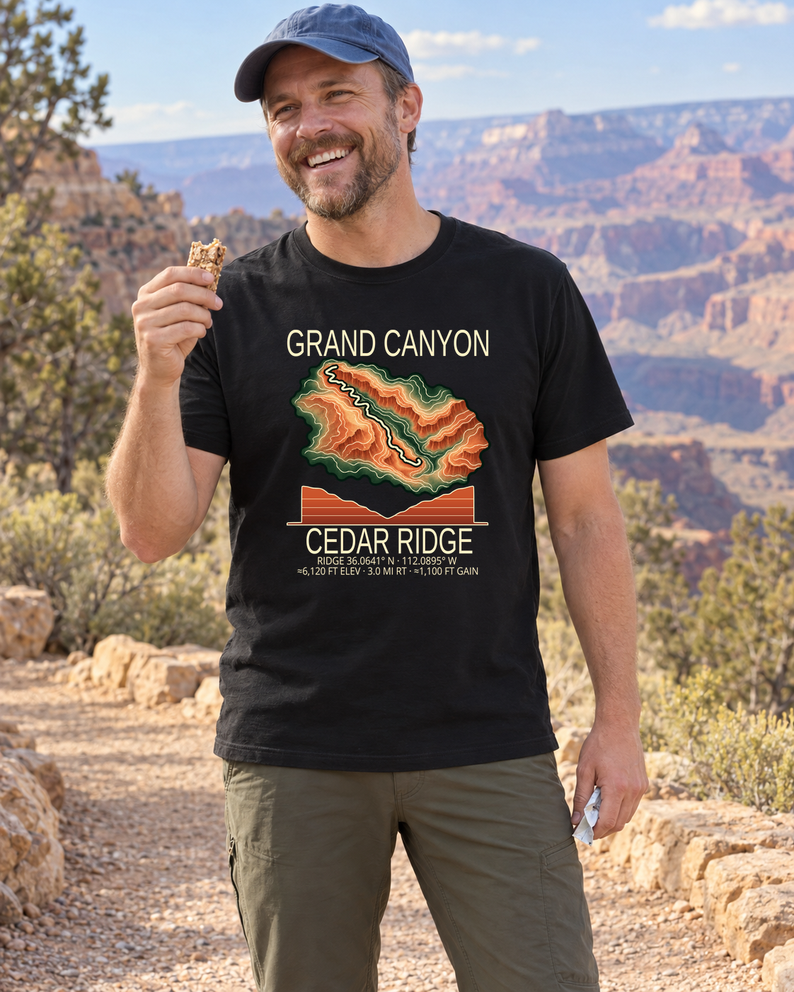 Illustrative lifestyle mockup of Cedar Ridge Hiking T-Shirt | Grand Canyon on a black shirt in a generated outdoor scene.