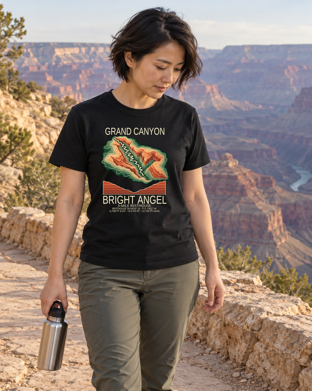 Illustrative lifestyle mockup of Bright Angel Hiking T-Shirt | Grand Canyon on a black shirt in a generated outdoor scene.