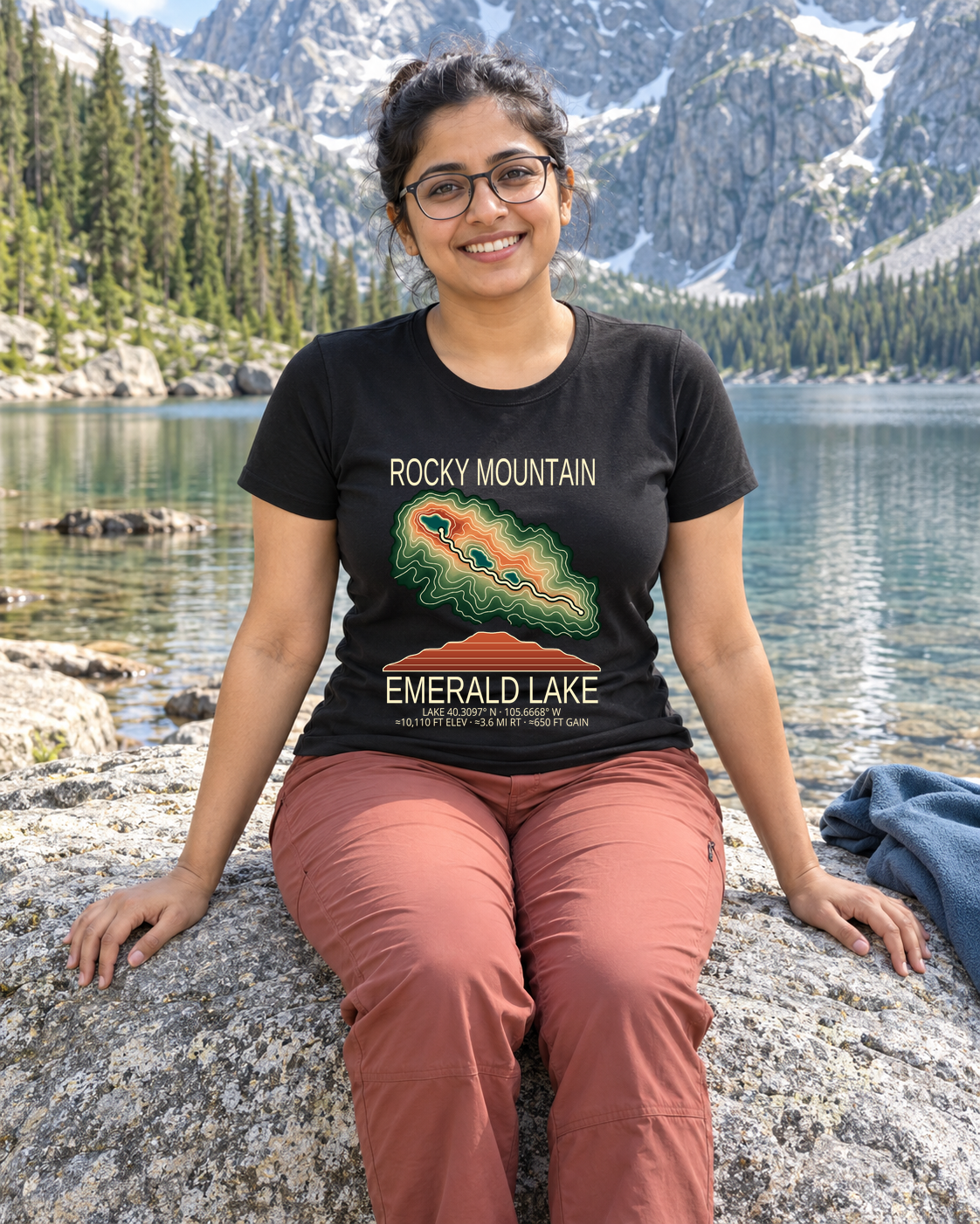 Illustrative lifestyle mockup of Emerald Lake Hiking T-Shirt | Rocky Mountain on a black shirt in a generated outdoor scene.