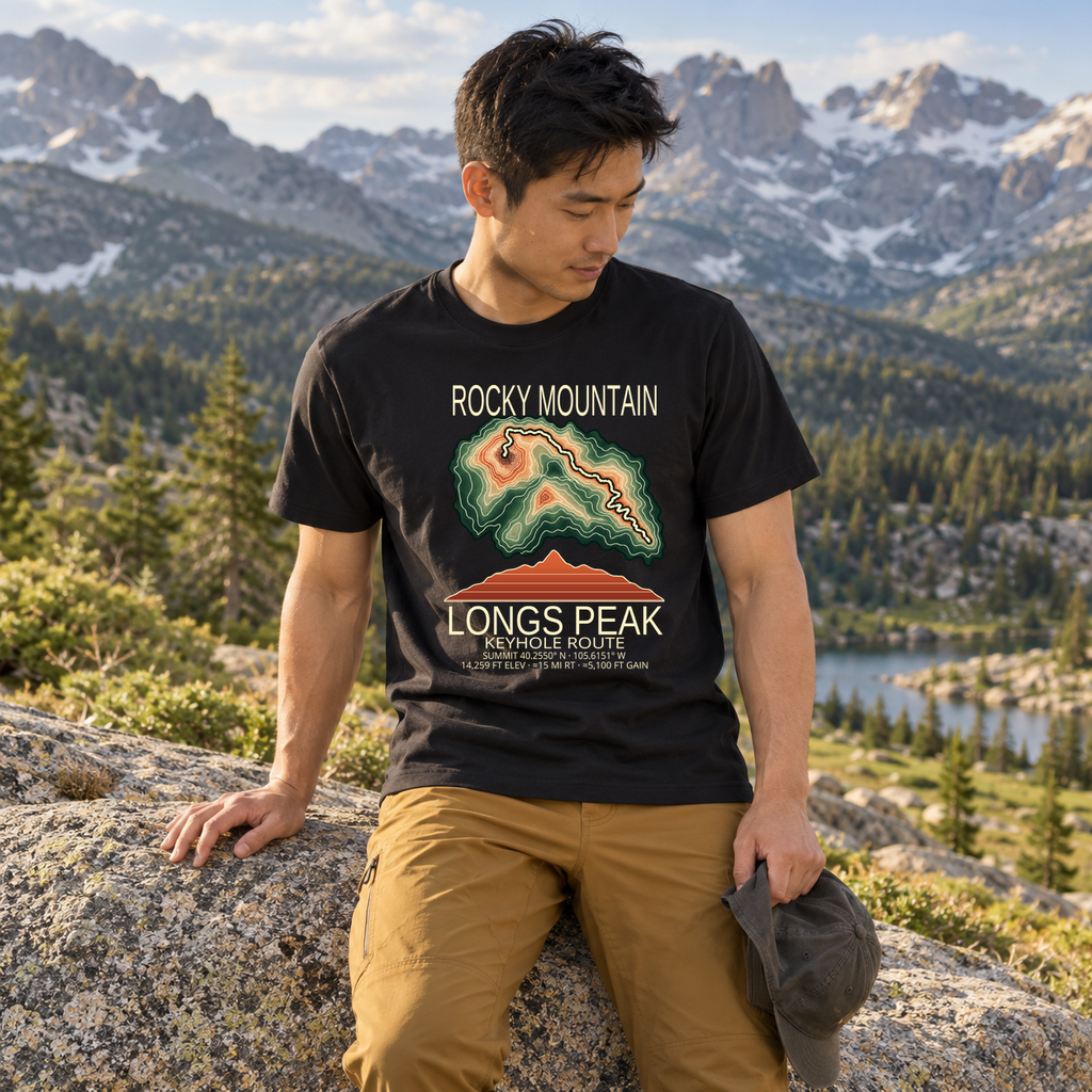 Illustrative lifestyle mockup of Longs Peak Hiking T-Shirt | Rocky Mountain on a black shirt in a generated outdoor scene.