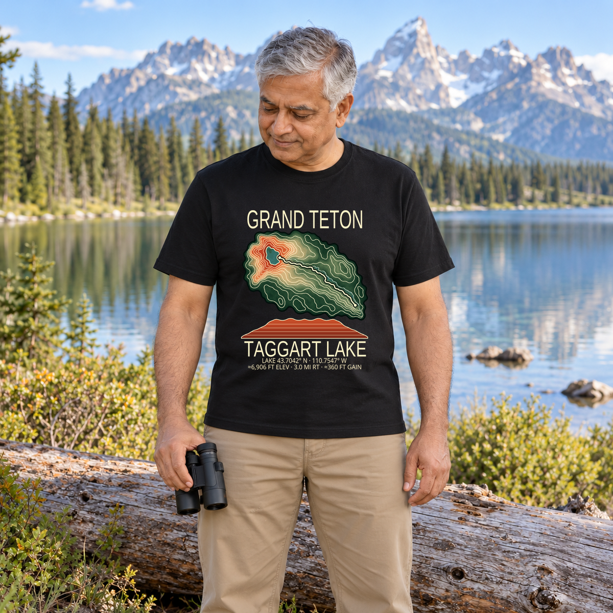 Illustrative lifestyle mockup of Taggart Lake Hiking T-Shirt | Grand Teton on a black shirt in a generated outdoor scene.