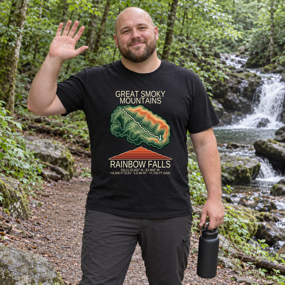 Illustrative lifestyle mockup of Rainbow Falls Hiking T-Shirt | Great Smoky Mountains on a black shirt in a generated outdoor scene.